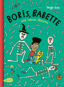 Titelbild des Buchs zeigt ein Mädchen und ein kleineres, gelbes Tier, umgeben von zwei Skeletten